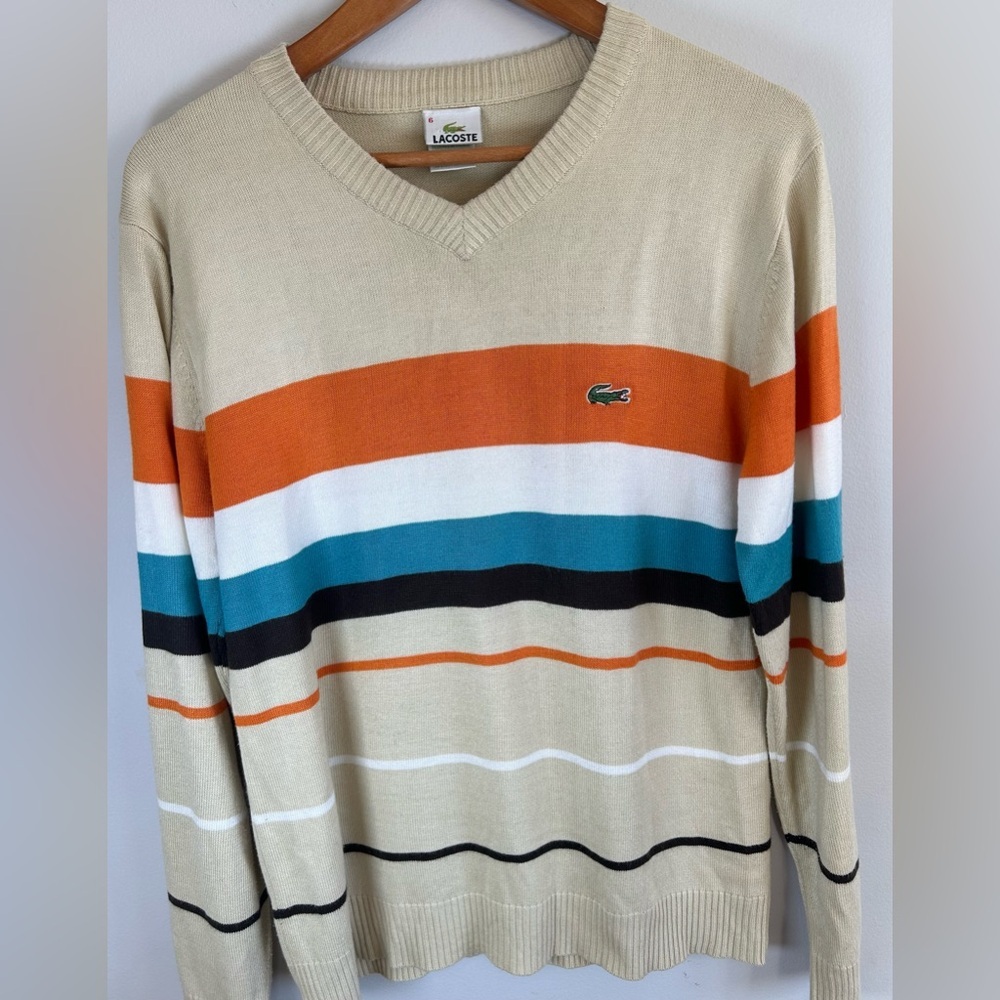 Vintage Lacoste Mens Tan Striped V-Neck Pullover Cotton Sweater Long Sleeve Sz 6 - Picture 5 of 9